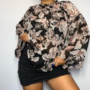 LOFT Pink and Orange Puff Sleeve Blouse